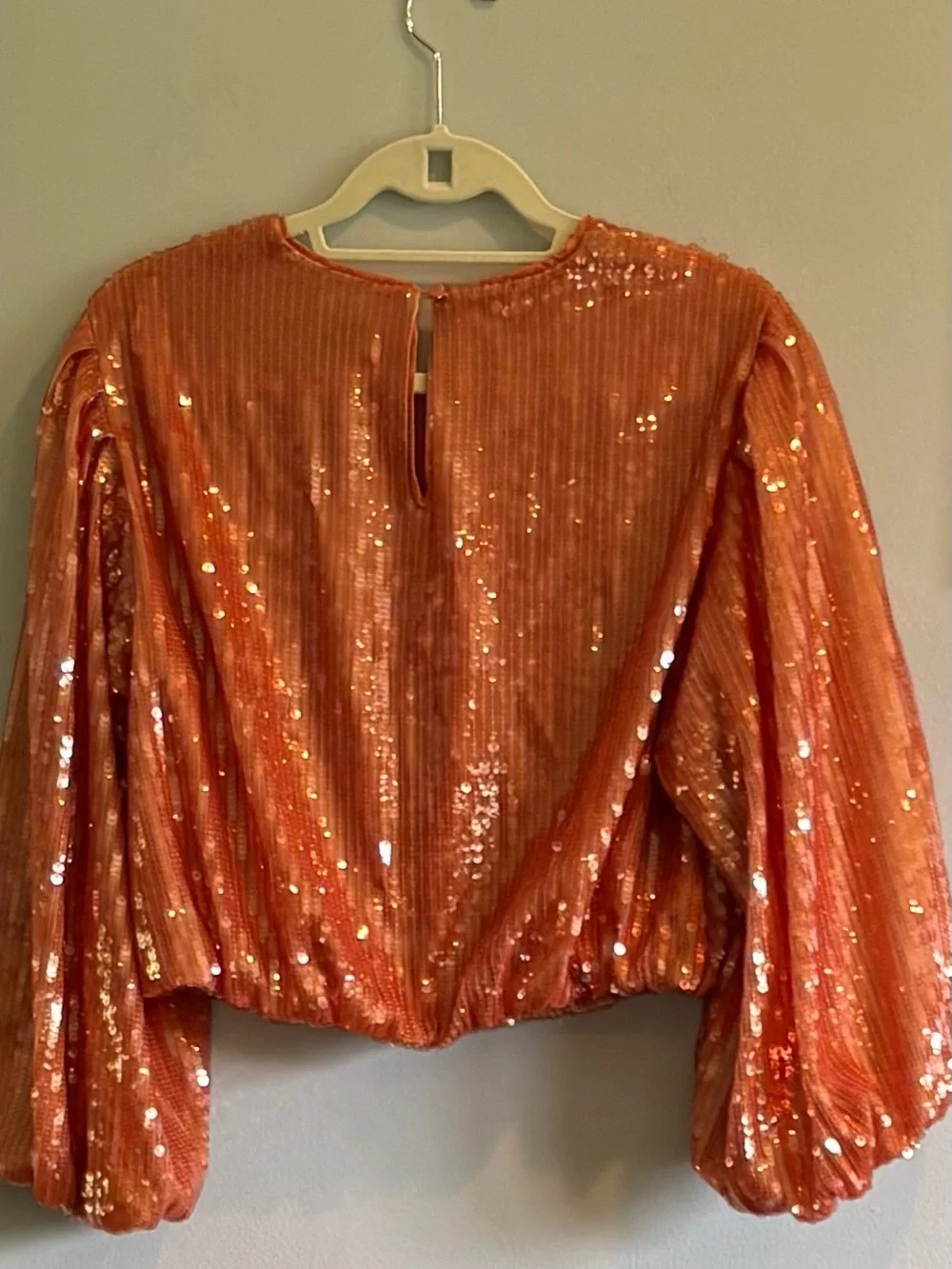 J Crew Vibrant Orange Bubble Sleeve Sequin Top Size Medium Cropped Cinched Hem